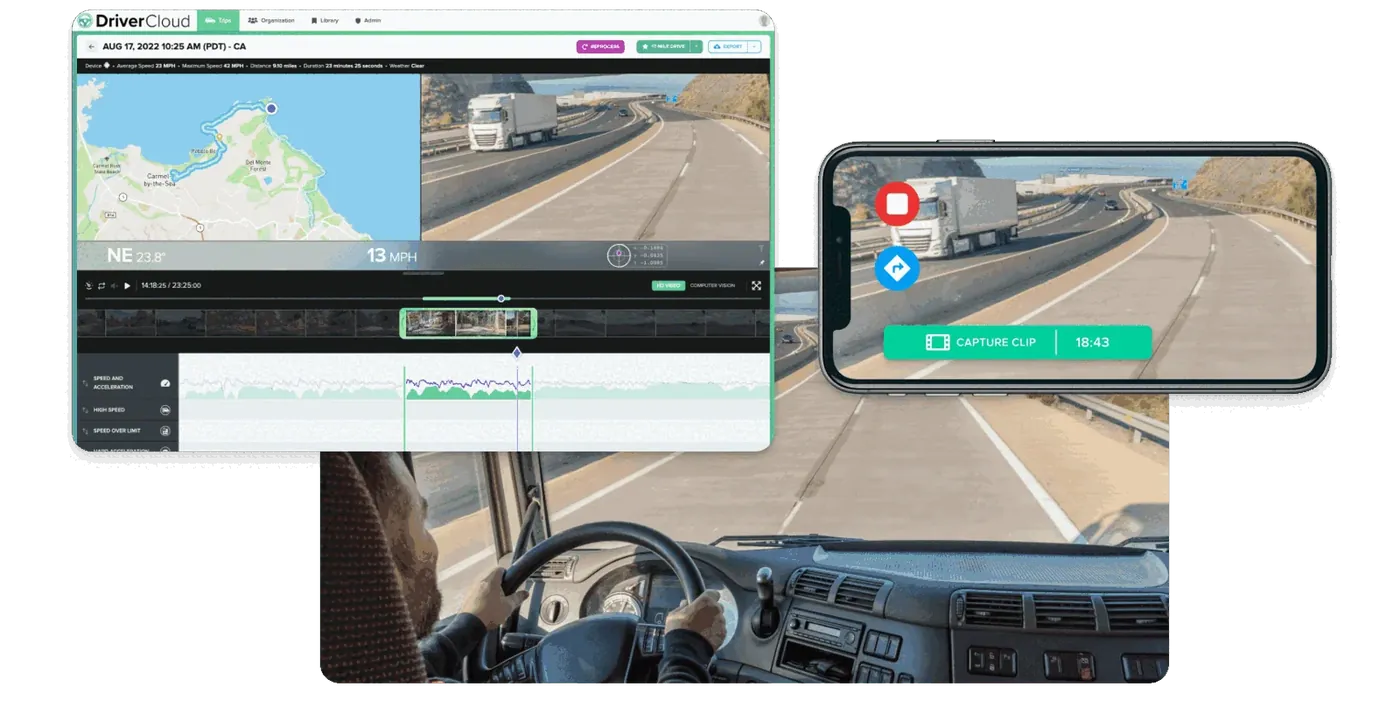 Panel DriverCloud, captura de clip en la app móvil y vista desde la cabina de un camión