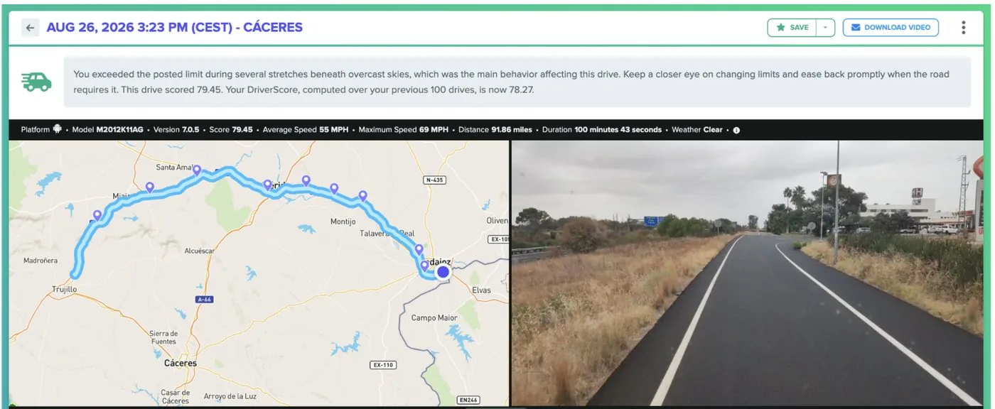 Detalle de viaje en Driver: mapa de ruta, DriverScore y video dashcam